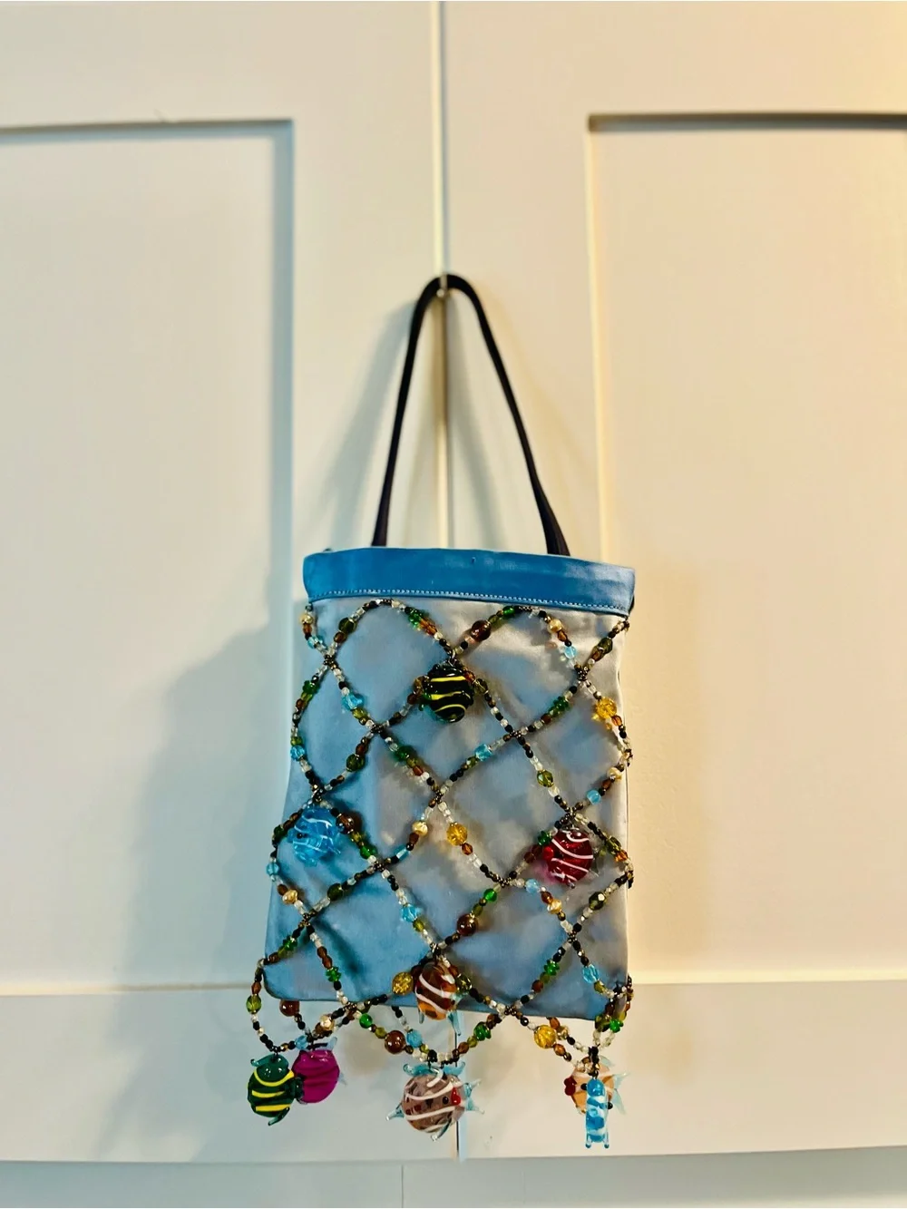 Renaud Pellegrino one of a kind Blue Satin Beaded Fish Charm Pouch